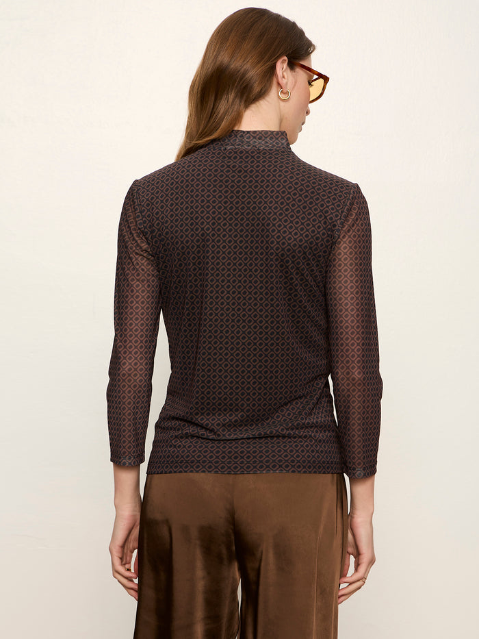 3/4 Sleeve Mesh Mock Neck Top Espresso Geo