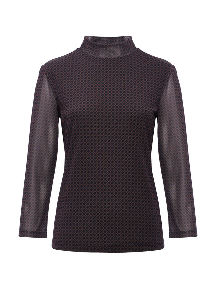 3/4 Sleeve Mesh Mock Neck Top Espresso Geo