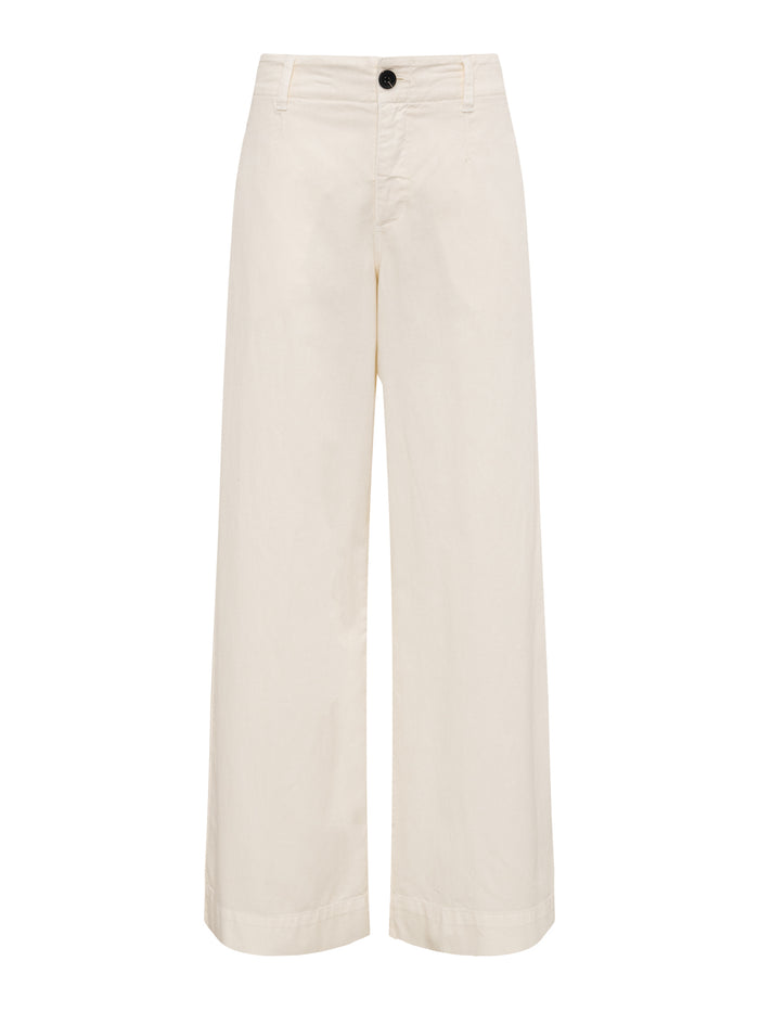The Academy Wide Leg Collagen pants by Sanctuary Clothing feature a high-waisted, wide-leg silhouette in cream, with a button and zip closure, front pockets, and lightweight fabric ideal for casual or semi-formal wear.