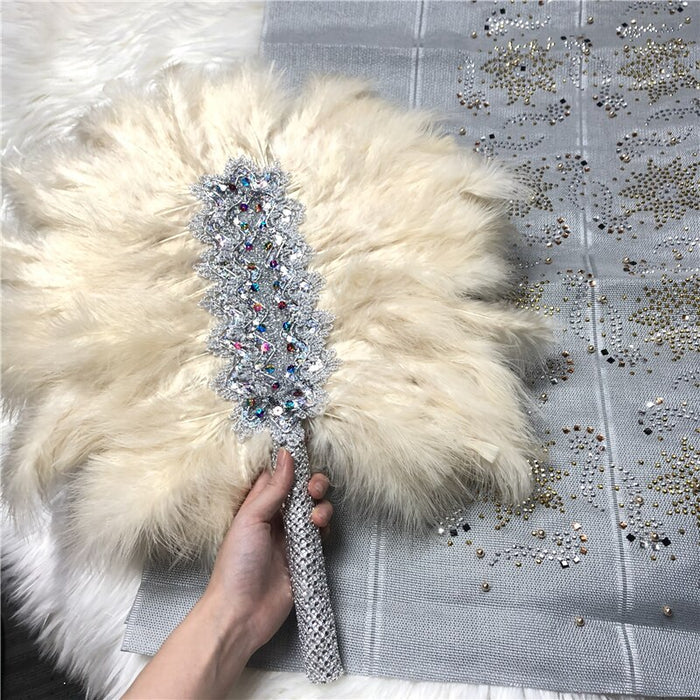 African Aso Oke With Hand Fan Set High Quality Feather Fan WIth Stones For Wedding And Party