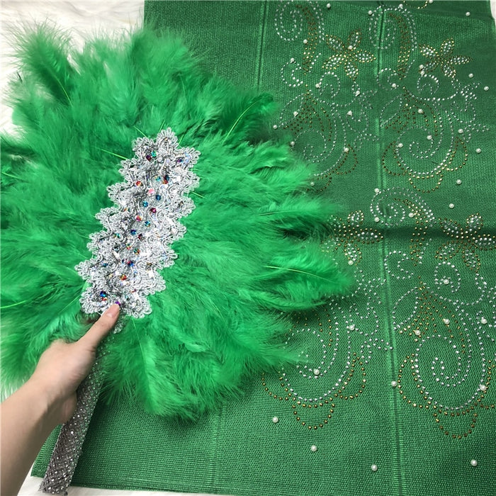 African Aso Oke With Hand Fan Set High Quality Feather Fan WIth Stones For Wedding And Party