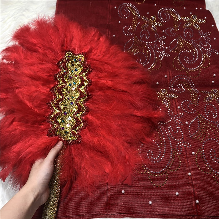African Aso Oke With Hand Fan Set High Quality Feather Fan WIth Stones For Wedding And Party