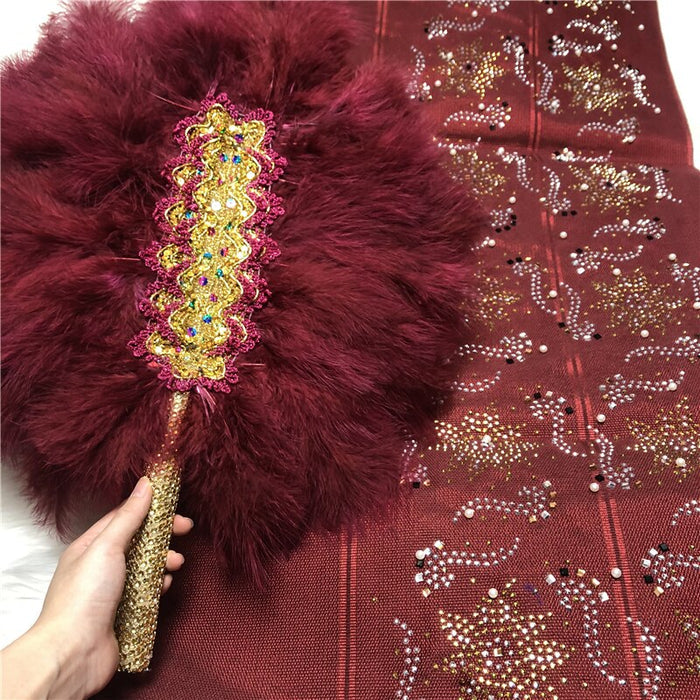 African Aso Oke With Hand Fan Set High Quality Feather Fan WIth Stones For Wedding And Party