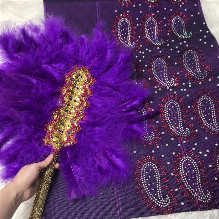African Aso Oke With Hand Fan Set High Quality Feather Fan WIth Stones For Wedding And Party