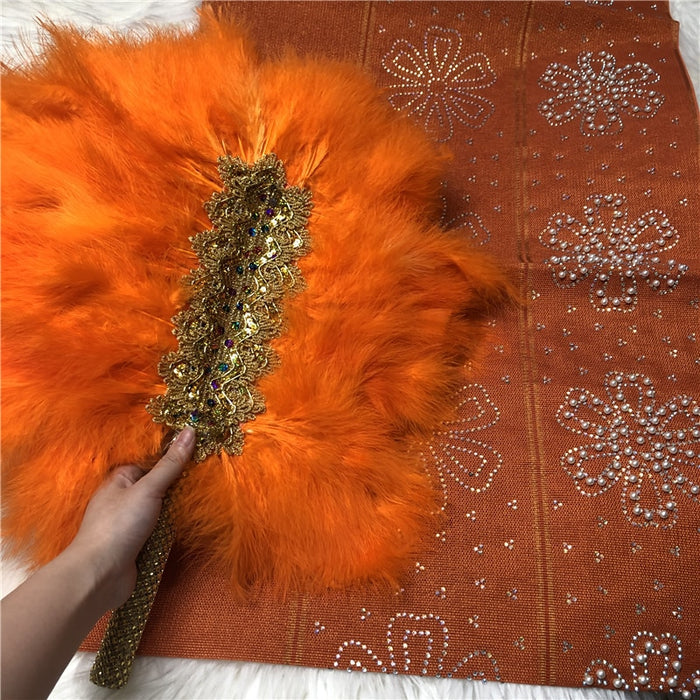 African Aso Oke With Hand Fan Set High Quality Feather Fan WIth Stones For Wedding And Party