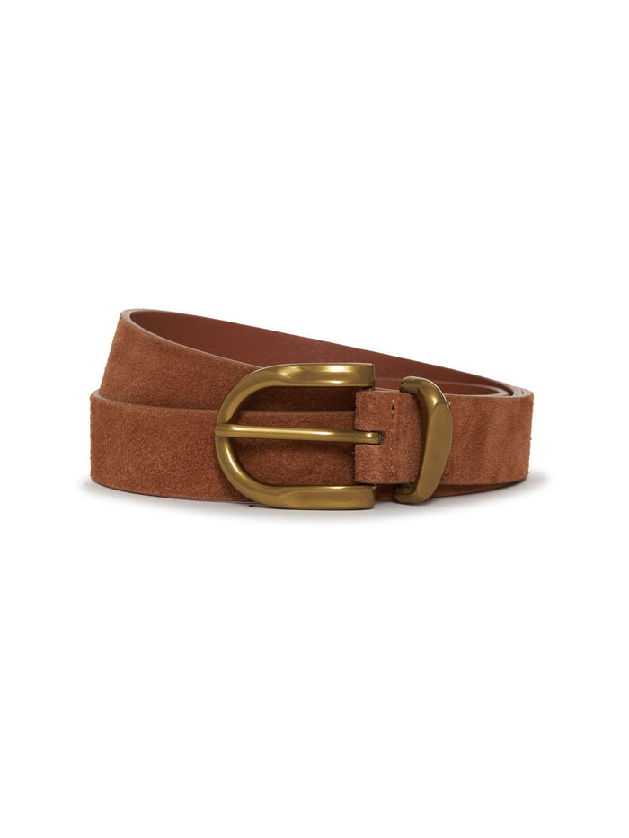 The all day suede belt in ancient clay by Sanctuary Clothing features brown suede leather and a rounded gold-toned buckle, displayed coiled on a plain white background.