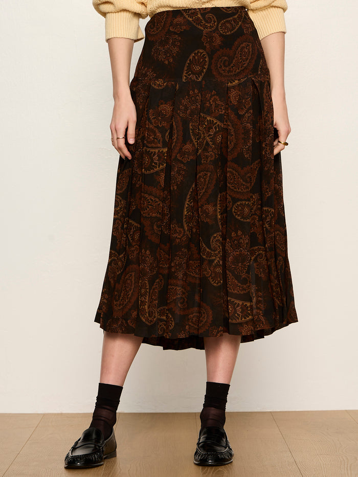 Autumn Pleated Midi Skirt Cocoa Paisley