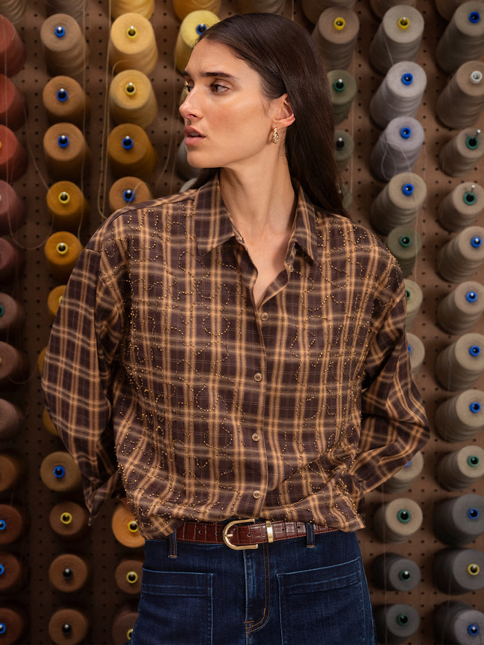 Avery Beaded Crop Shirt Toffee Plaid