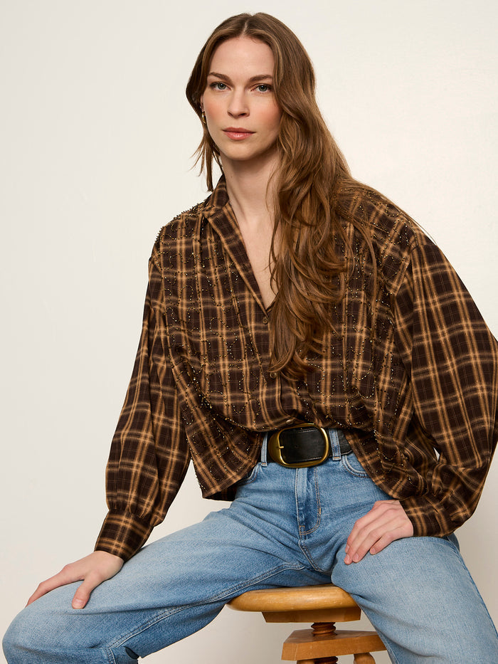 Avery Beaded Crop Shirt Toffee Plaid