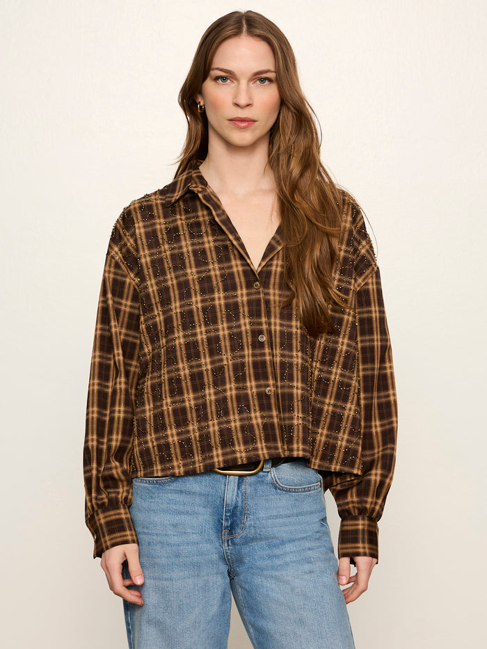 Avery Beaded Crop Shirt Toffee Plaid