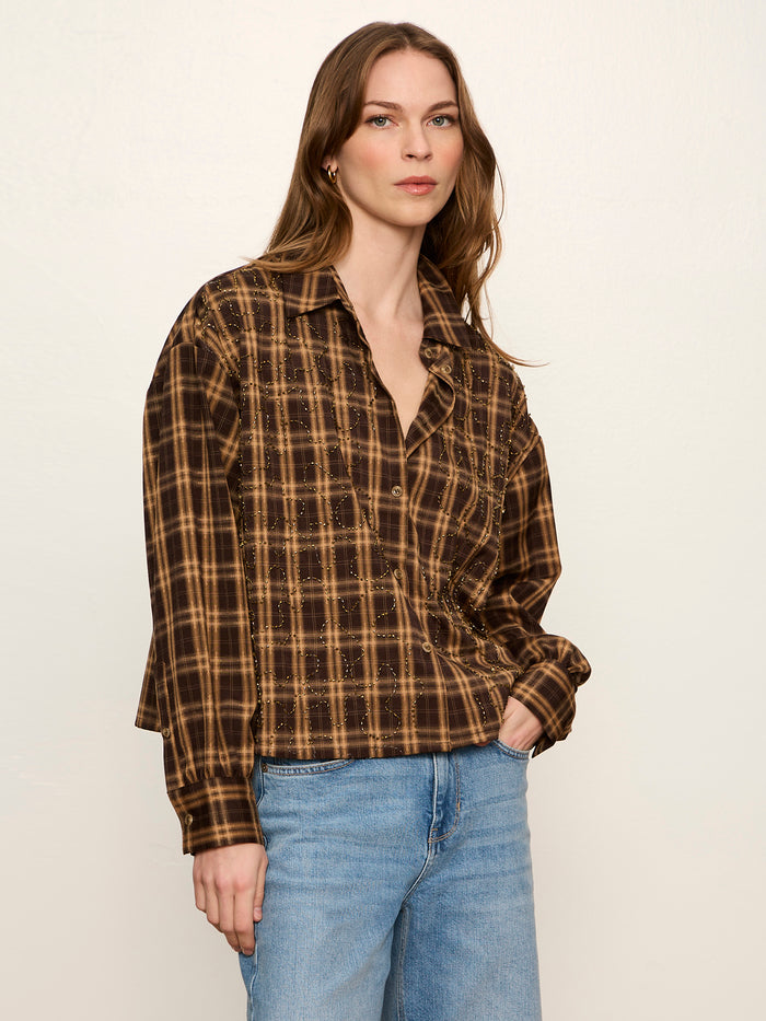 Avery Beaded Crop Shirt Toffee Plaid