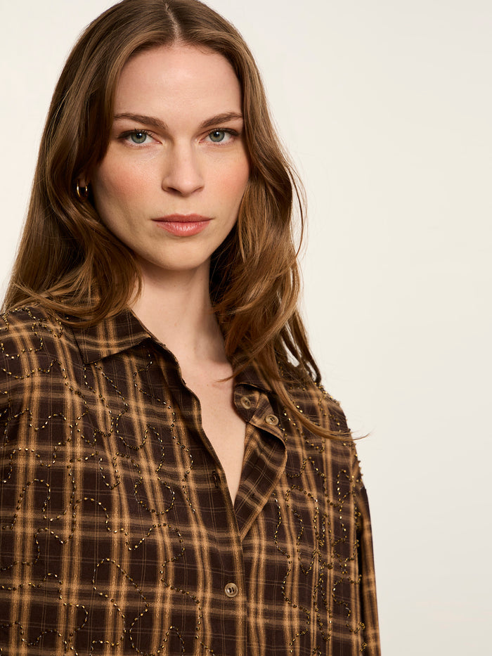Avery Beaded Crop Shirt Toffee Plaid