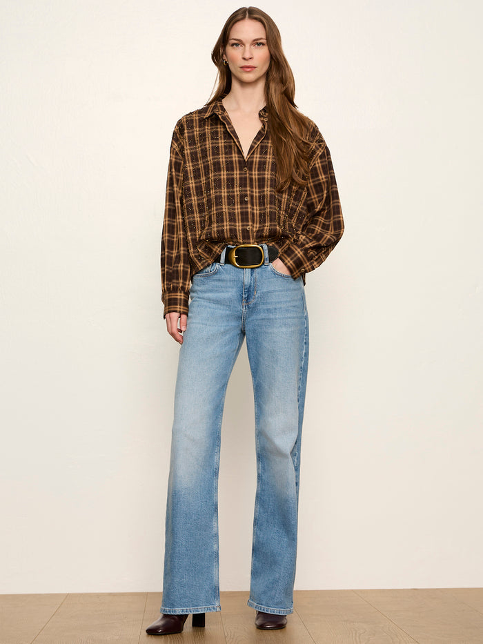 Avery Beaded Crop Shirt Toffee Plaid