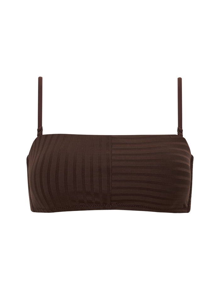 The "bandeau bikini top espresso" by Sanctuary Clothing features thin adjustable shoulder straps and a subtle vertical stripe pattern in a rich brown shade.