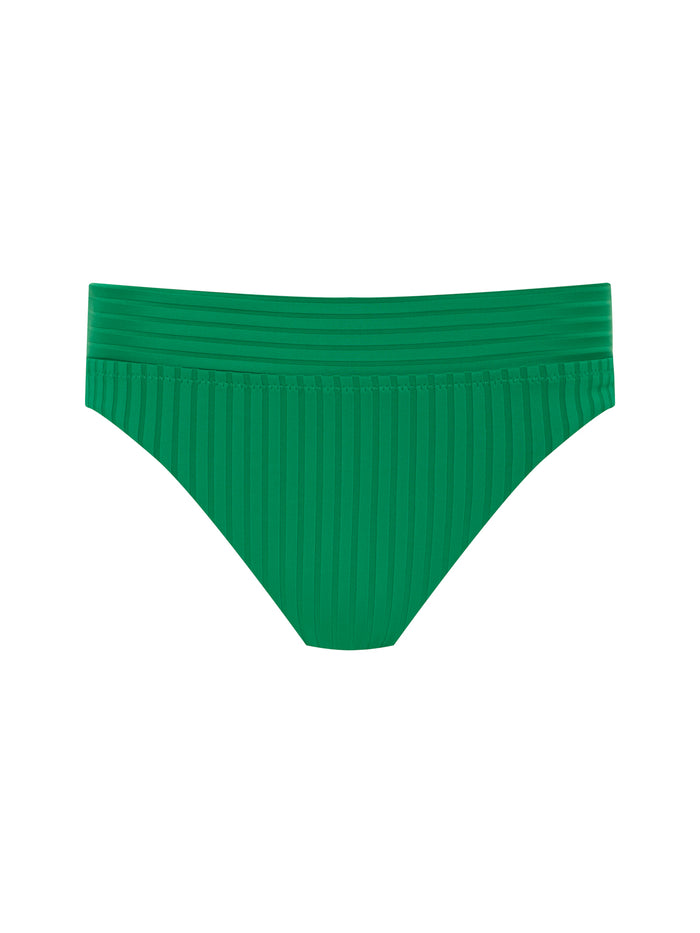 Sanctuary Clothing's banded hipster bikini bottom in green features a mid-rise cut, ribbed waistband, and vertical stripes on the main fabric, shown on a white background.