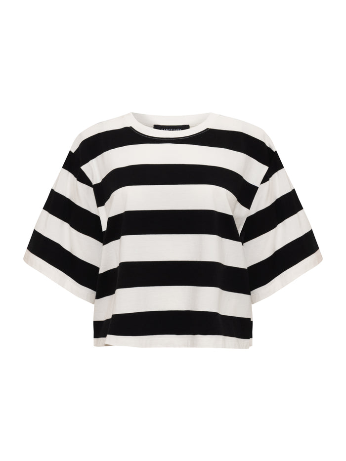 The "belle tee chalk and black" by Sanctuary Clothing is a relaxed-fit, short-sleeved T-shirt featuring bold horizontal black and white stripes and a round neckline.