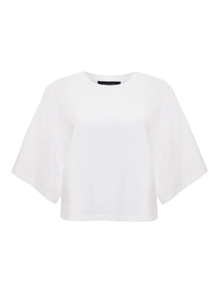 The Sanctuary Clothing belle tee white is a boxy, short-sleeve T-shirt with a round neckline and loose fit, shown on a white background.