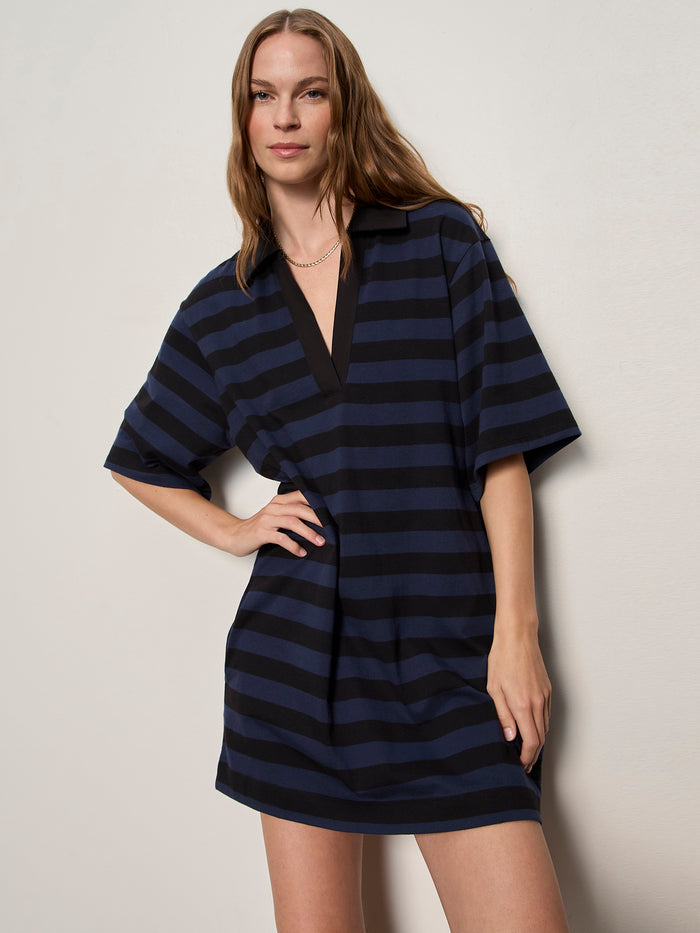 Boyfriend Collar Knit Dress Black And Navy Blazer Stripe