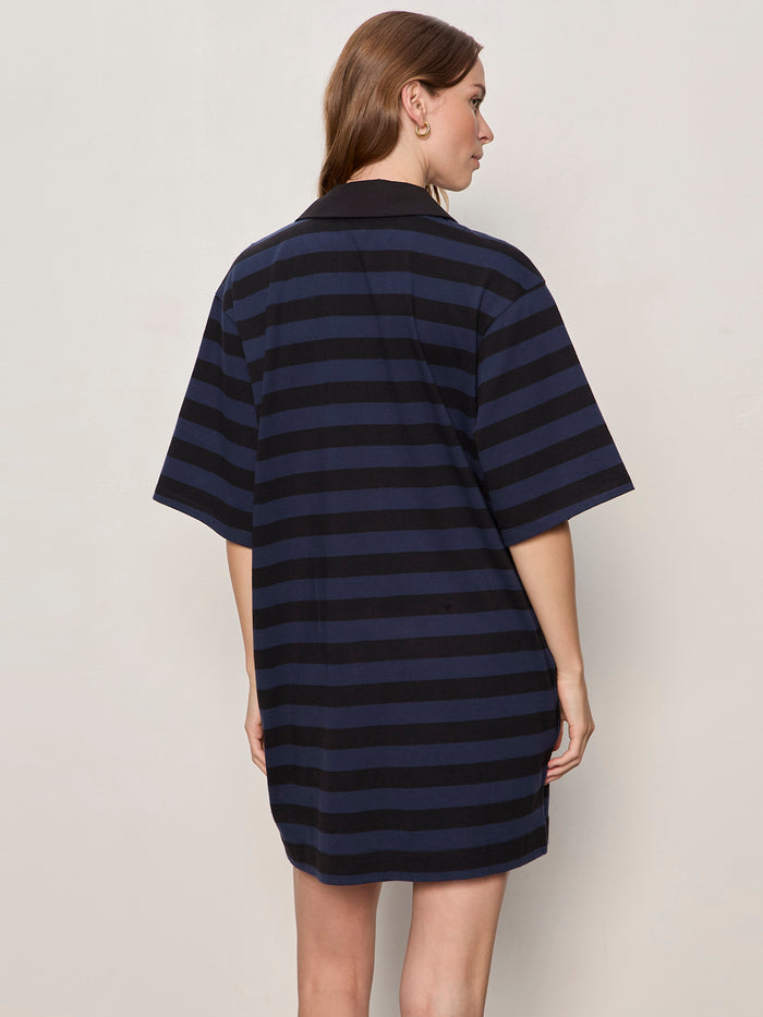 Boyfriend Collar Knit Dress Black And Navy Blazer Stripe