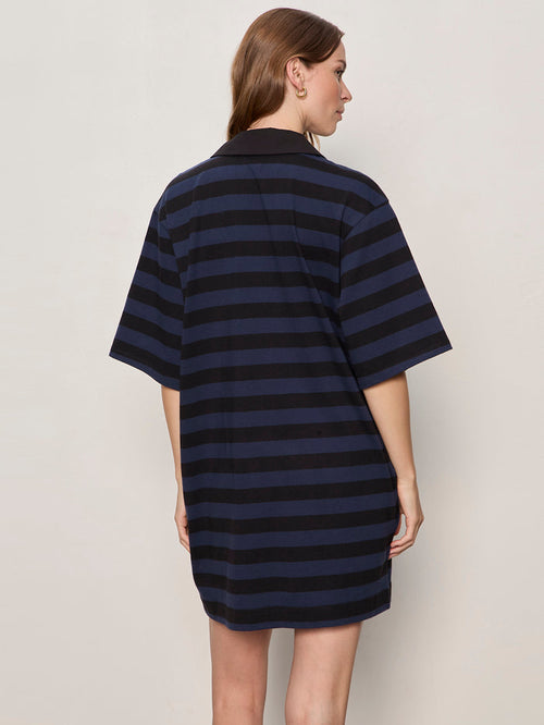 Boyfriend Collar Knit Dress Black And Navy Blazer Stripe