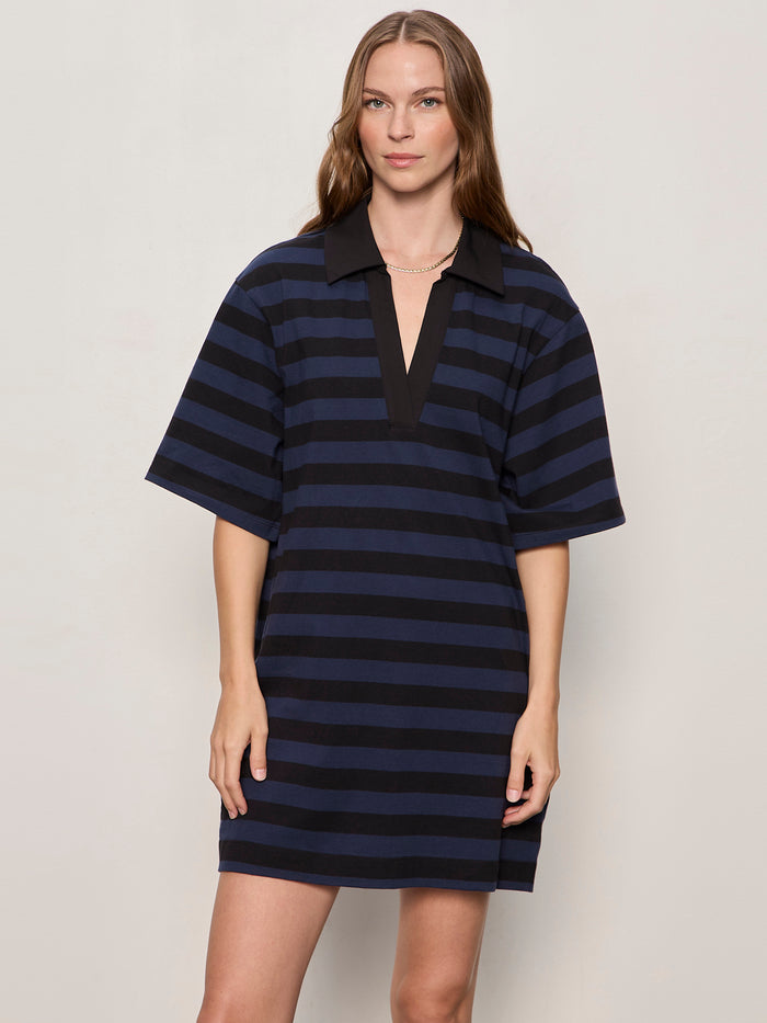 Boyfriend Collar Knit Dress Black And Navy Blazer Stripe