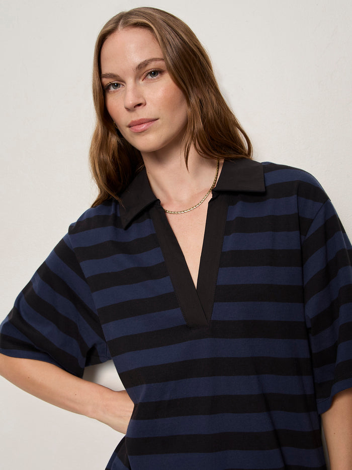 Boyfriend Collar Knit Dress Black And Navy Blazer Stripe