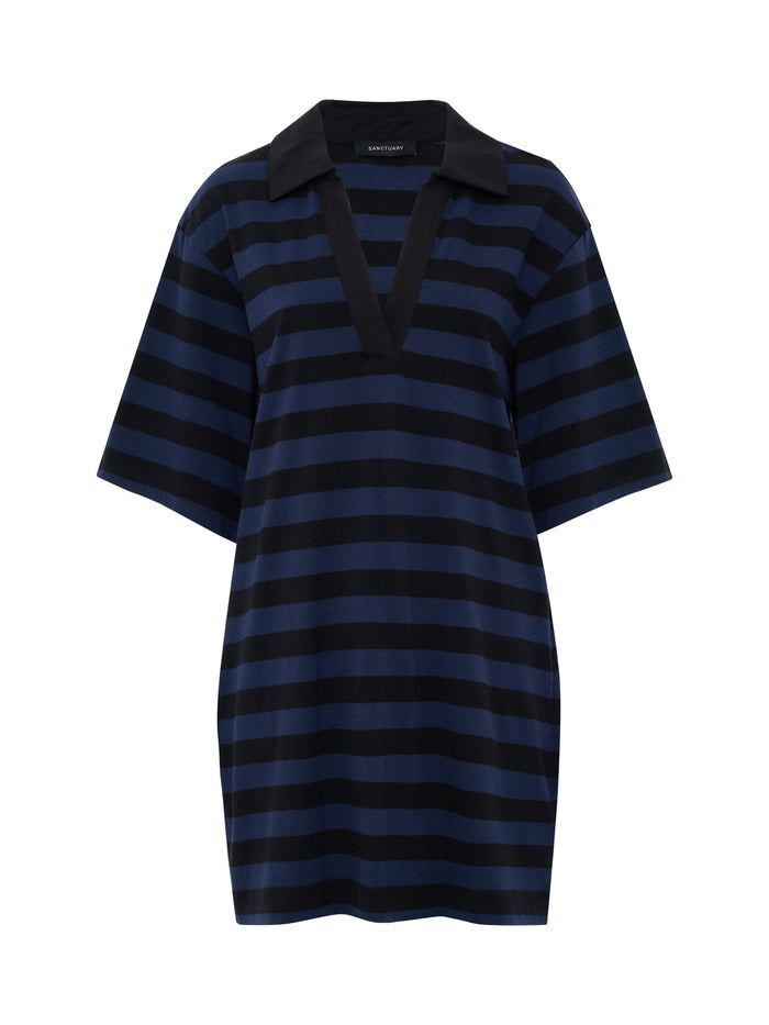 Boyfriend Collar Knit Dress Black And Navy Blazer Stripe