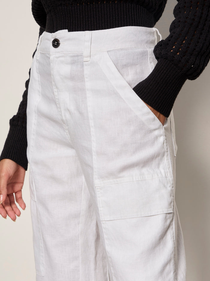 Model wears Sanctuary Clothing’s boyfriend utility pant white 1—high-waisted straight-leg pants with side pockets—paired with a black knit sweater, shown waist to mid-thigh with one hand in a pocket.