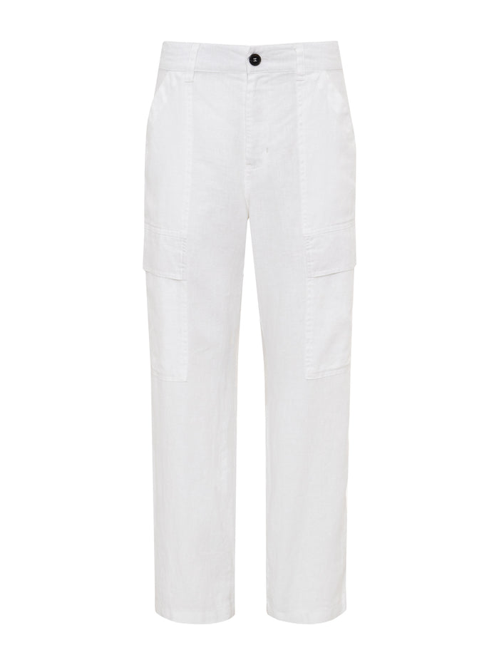 The Sanctuary Clothing boyfriend utility pant white 1 features a high waist, straight-leg fit, front button and zip closure, side and thigh patch pockets, a clean minimalist design, and a slightly cropped length.