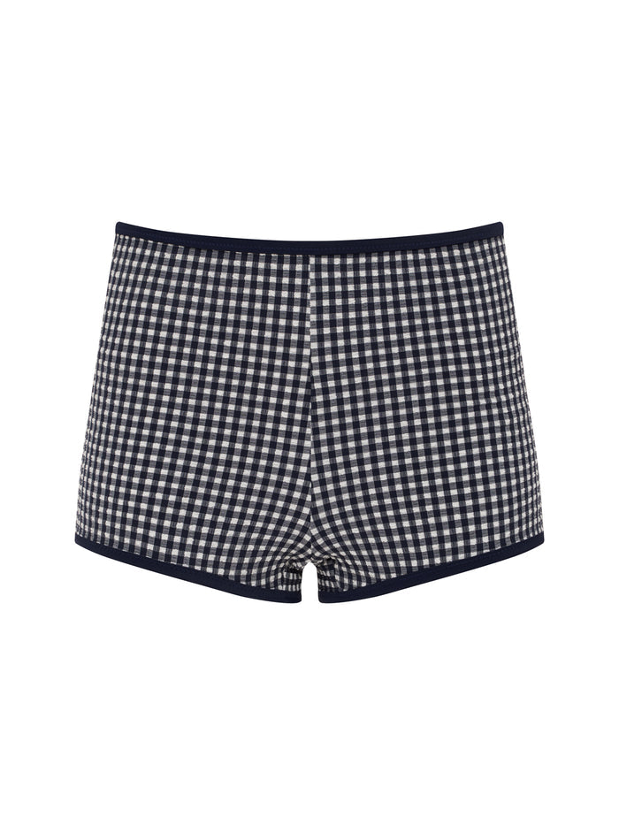 Sanctuary Clothing boyshort bikini bottom in navy blue with a fitted shape, shown against a plain white background.