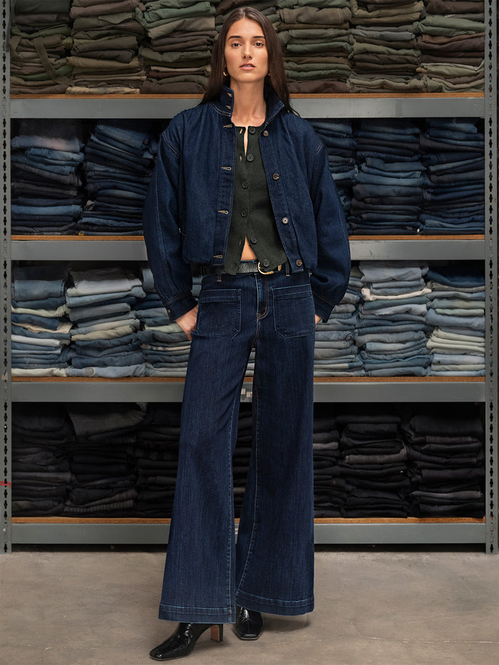 Bubble Hem Bomber Jacket Dark Denim