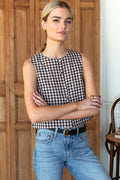 Button Front Wide Hem Top - Cocoa Gingham