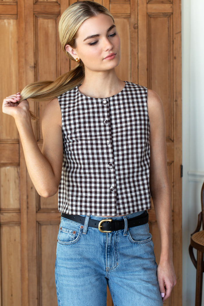 Button Front Wide Hem Top - Cocoa Gingham