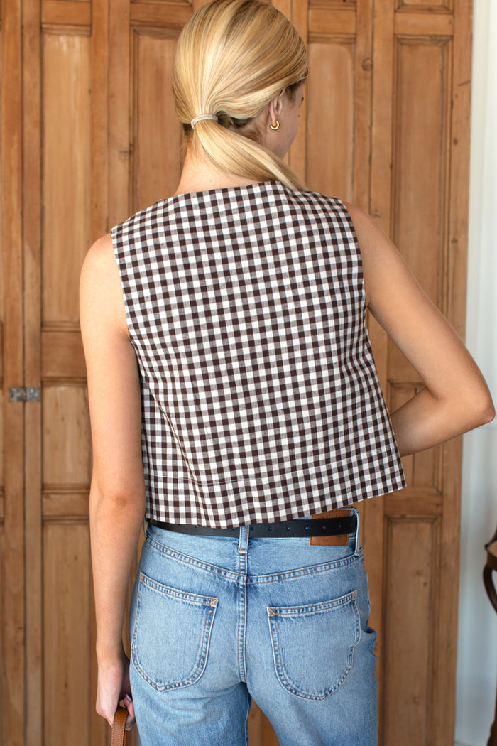 Button Front Wide Hem Top - Cocoa Gingham