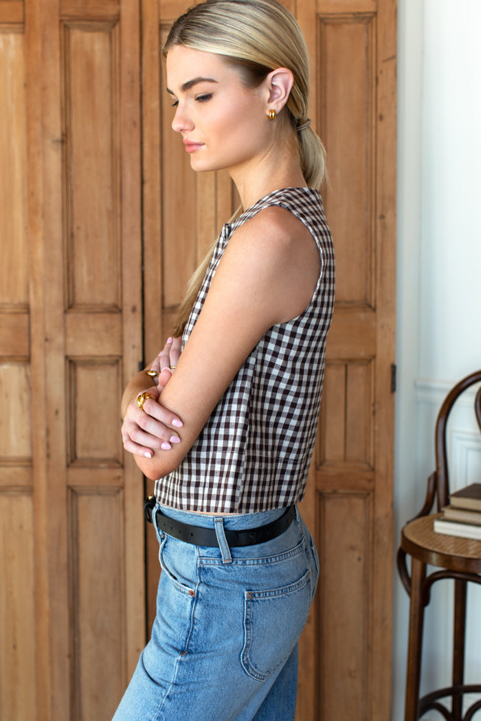Button Front Wide Hem Top - Cocoa Gingham
