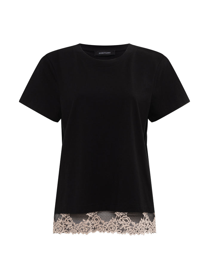 The cami remix tee black by Sanctuary Clothing features short sleeves, a round neckline, and beige lace trim at the hem, shown on a white background.