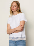 A woman with long blonde hair wears the Sanctuary Clothing cami remix tee in white, featuring lace trim at the hem, paired with blue jeans. She stands against a light background, looking to the side with arms loosely crossed.