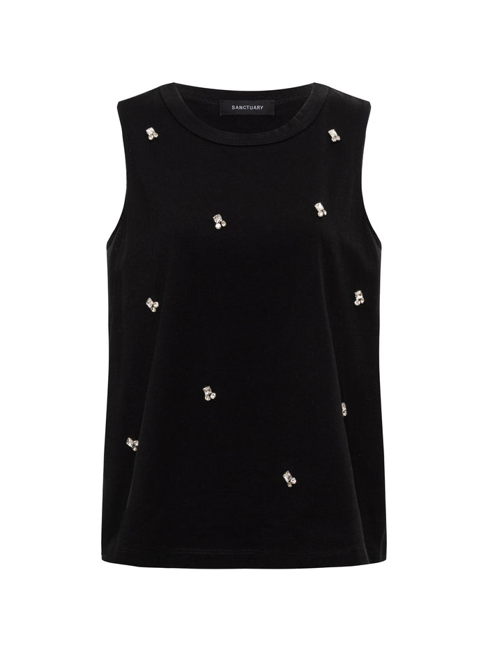 The campari embellished tank in black by Sanctuary Clothing is a sleeveless top with a crew neckline, featuring small scattered silver embellishments on the front. The background shown is white.