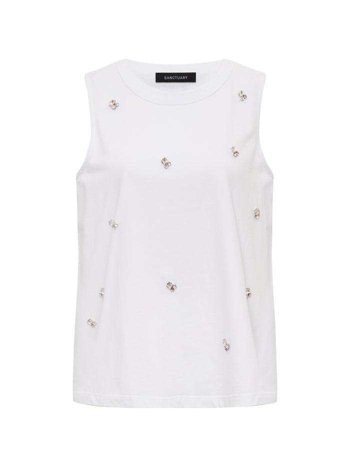 The Campari Embellished Tank in white by Sanctuary Clothing is a sleeveless top with a crew neckline, featuring small scattered crystal embellishments.