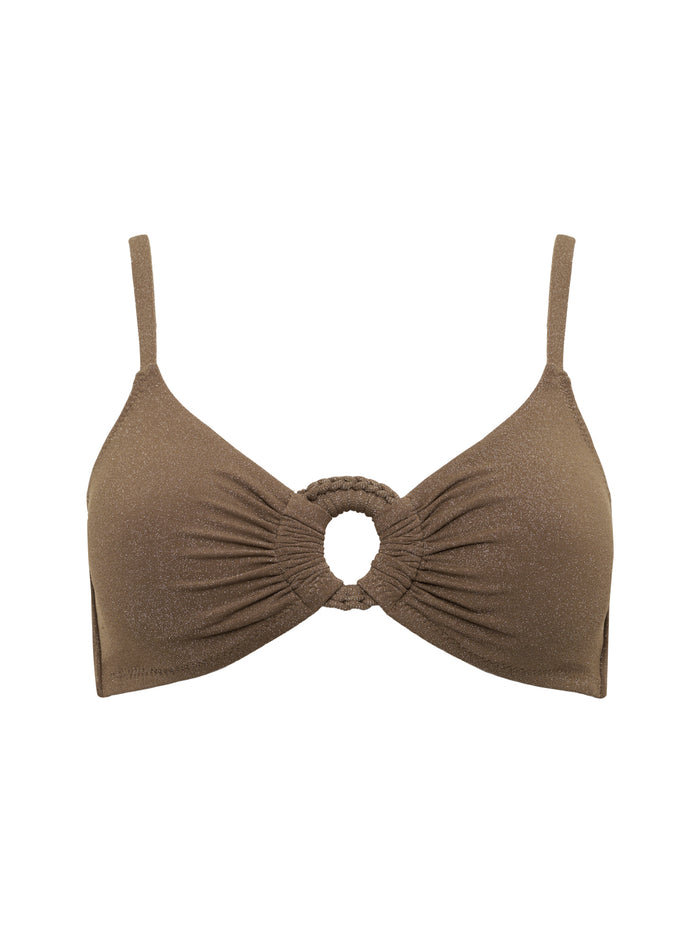 The Sanctuary Clothing cap sleeve bra bikini top in toasted coconut features thin adjustable straps, a central circular ring with gathered fabric, and a simple, unadorned design.