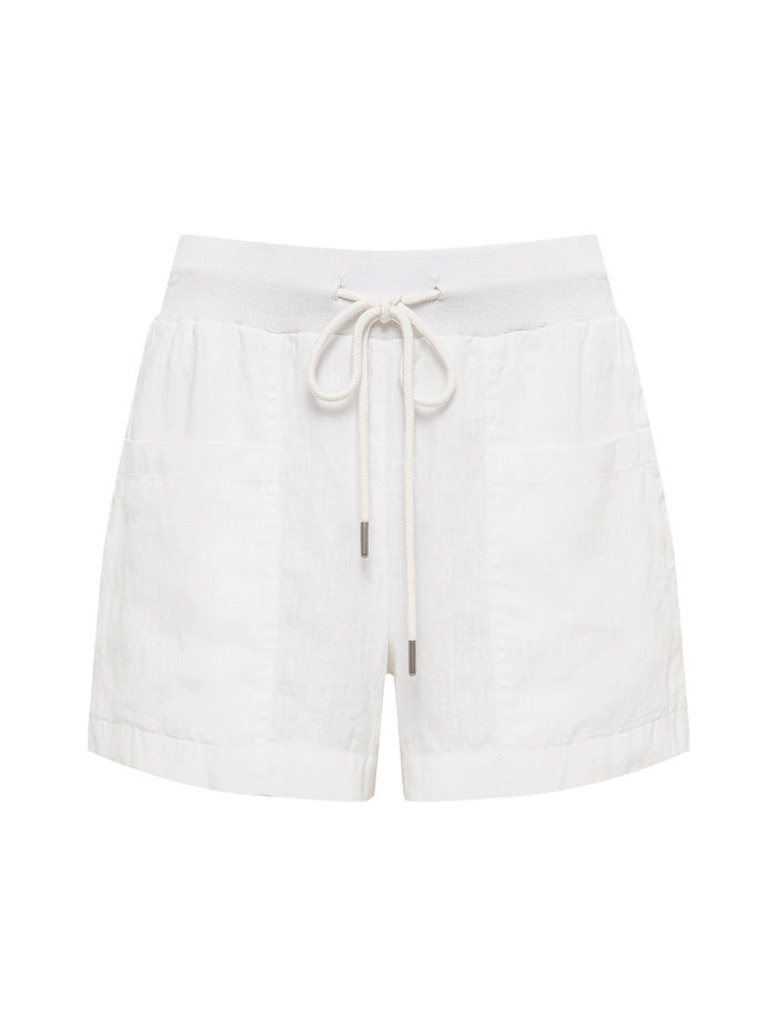 The Carefree Short White by Sanctuary Clothing features an elastic waistband, front patch pockets, a drawstring tie, and offers a casual, relaxed fit.