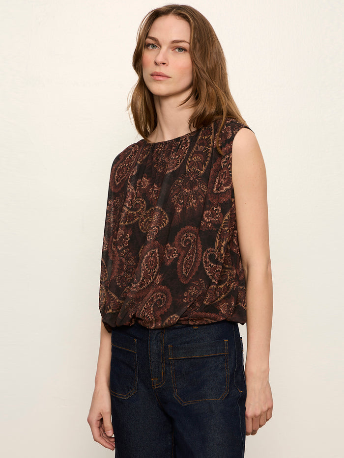 Clover Mesh Bubble Shell Tank Cocoa Paisley