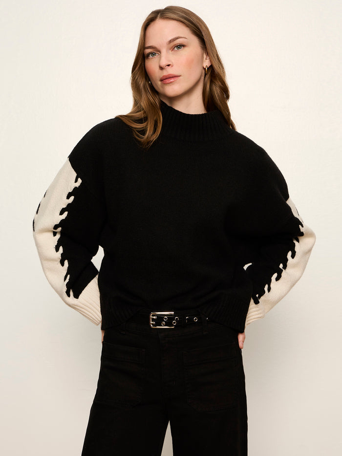 Color Block Mock Neck Pullover Black / Bone