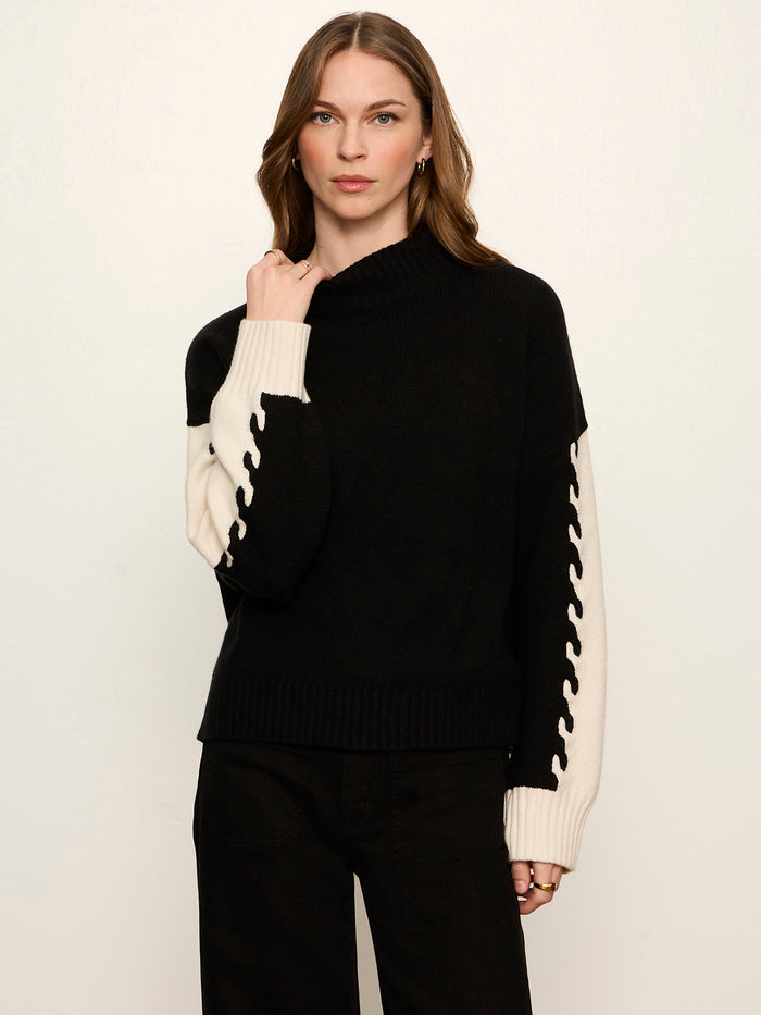 Color Block Mock Neck Pullover Black / Bone