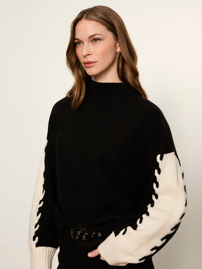 Color Block Mock Neck Pullover Black / Bone