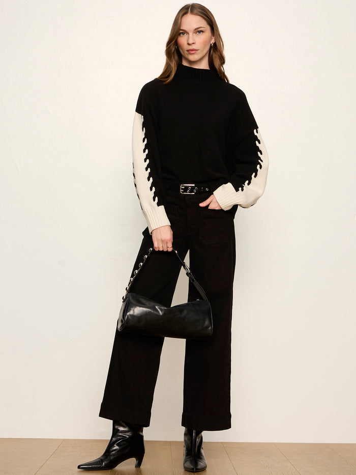 Color Block Mock Neck Pullover Black / Bone