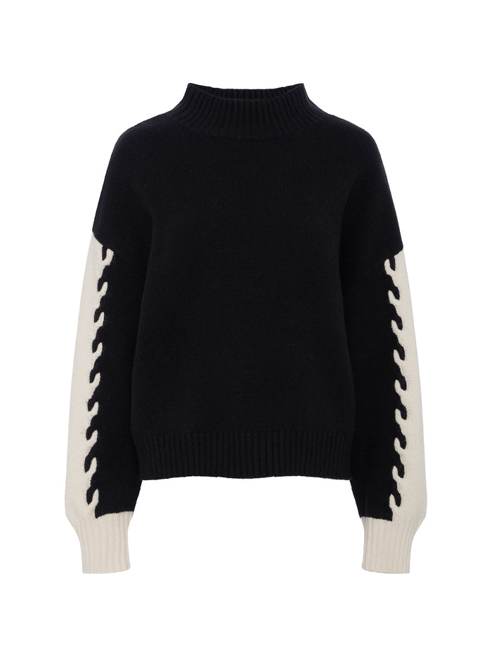 Color Block Mock Neck Pullover Black / Bone