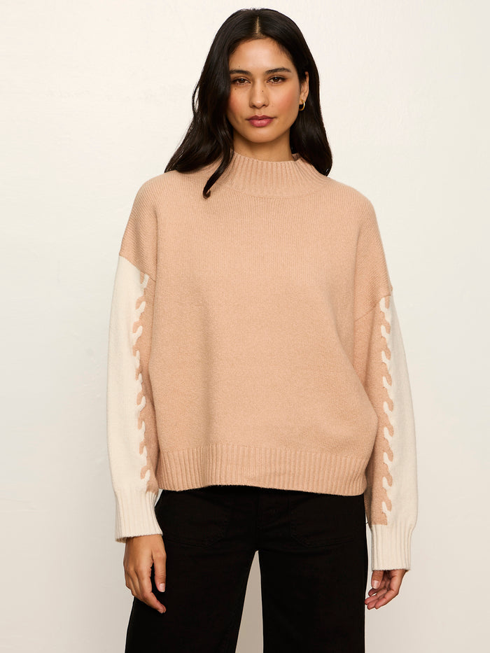 Color Block Mock Neck Pullover Hazelnut / Bone