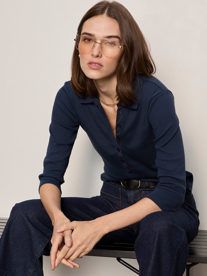 Echo Button Front Tee Navy Blazer