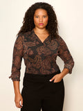 Fitted Mesh Button Down Top Cocoa Paisley Extended Sizing
